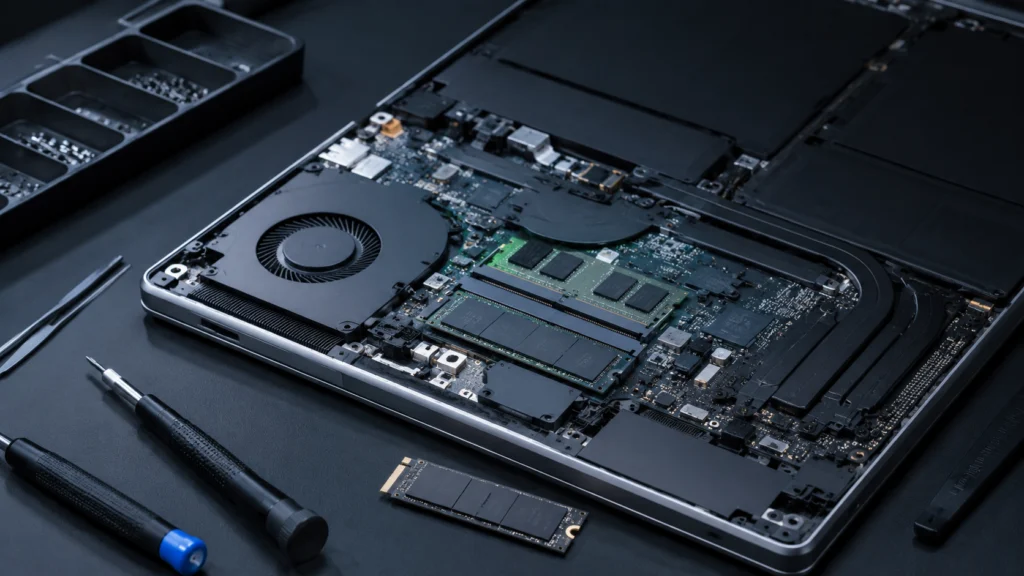 A laptop resting face down with its base cover removed, showing the memory, storage and wireless hardware an upgrade reaches.