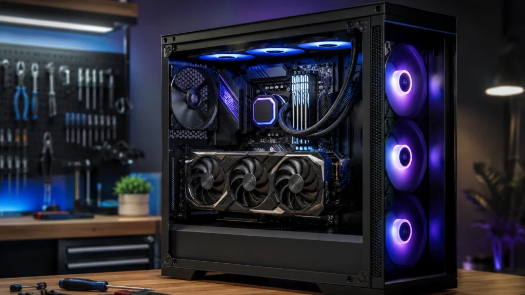 A modern desktop tower with a glass side panel, showing the graphics card, cooling and internal layout.